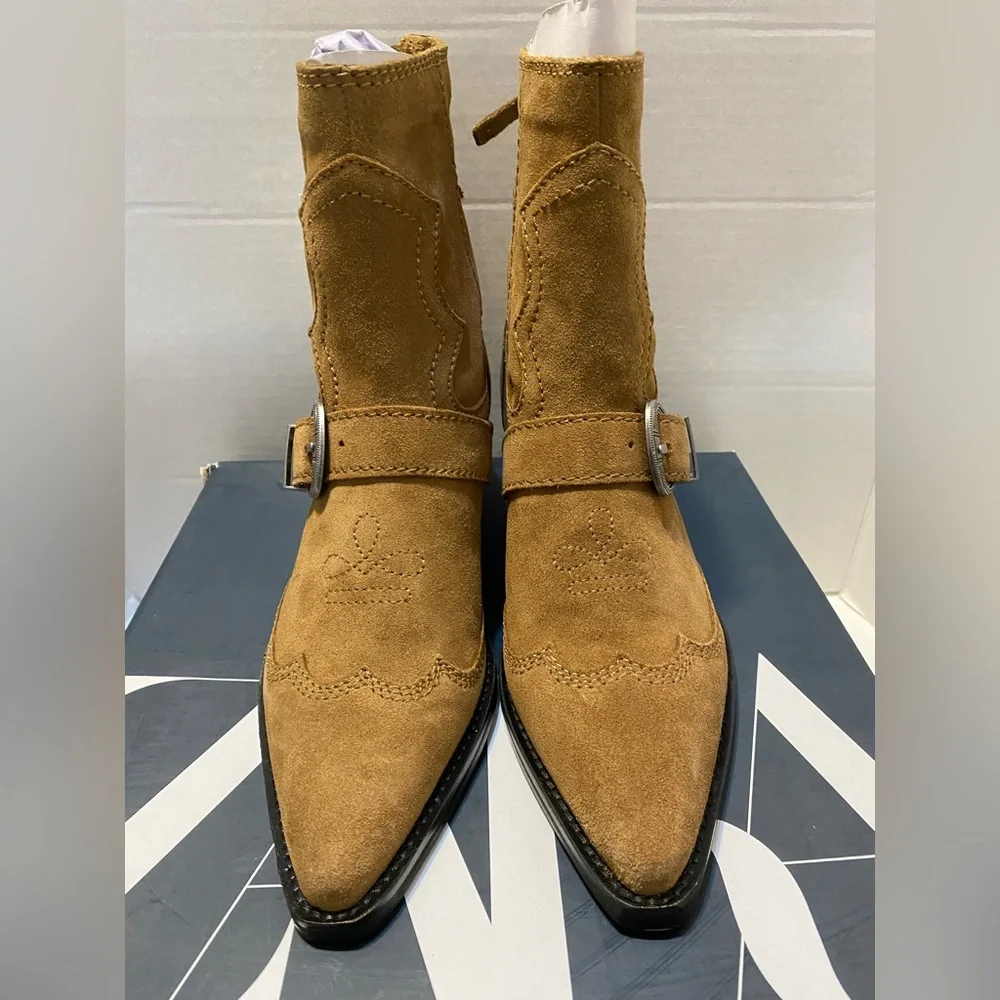 Zara Buckled Cowboy Suede Booties zipper Sz 7.5 - Picture 2 of 13